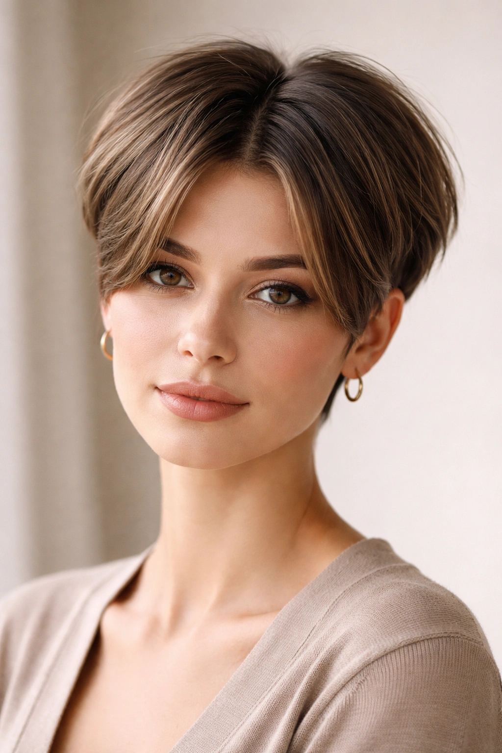 12 Middle Part Short Haircuts To Try At Your Next Cut 8 Close-up of a modern pixie with a longer crown and middle part.
