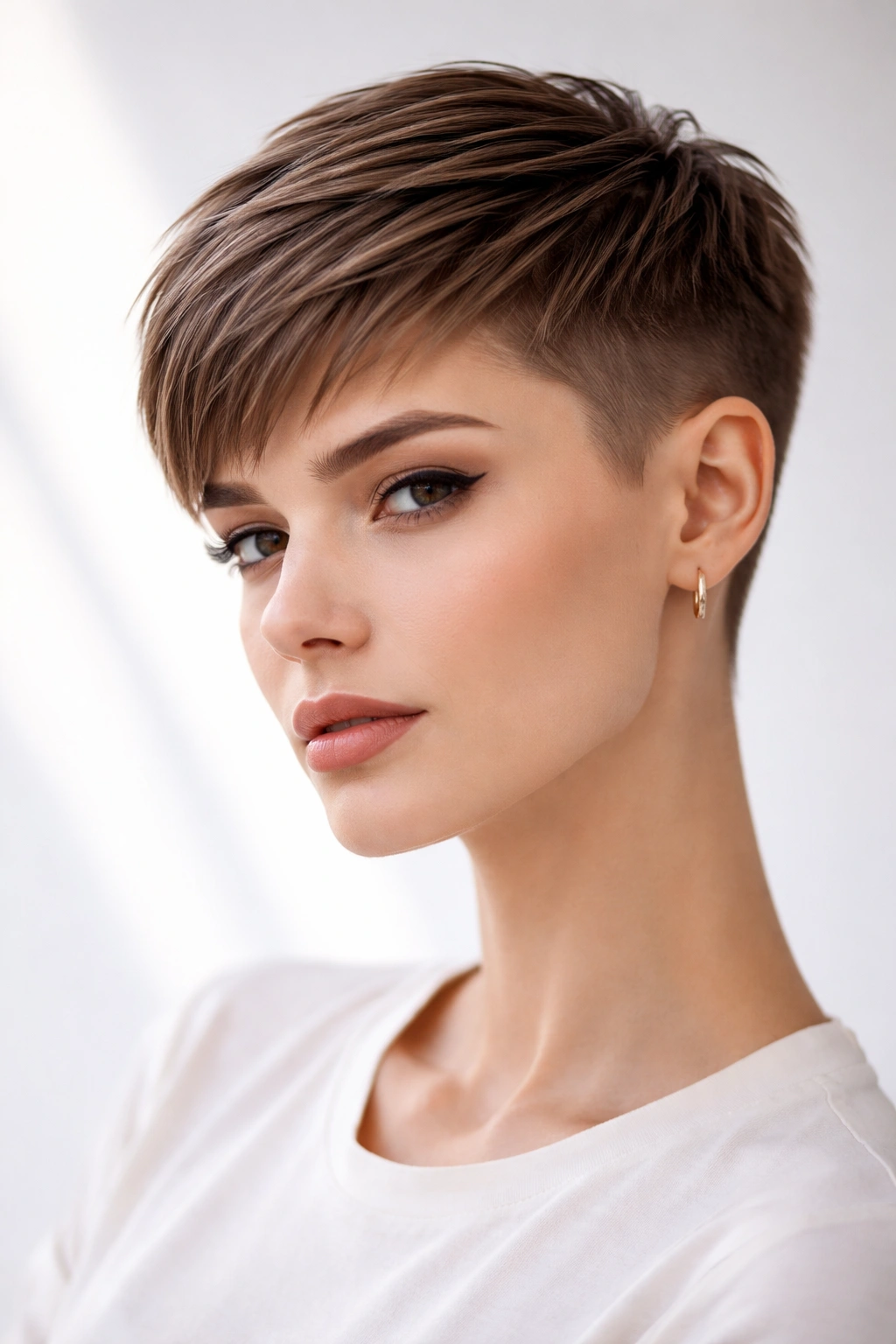 Modern Pixie hairstyle with short top and faded sides on straight hair.