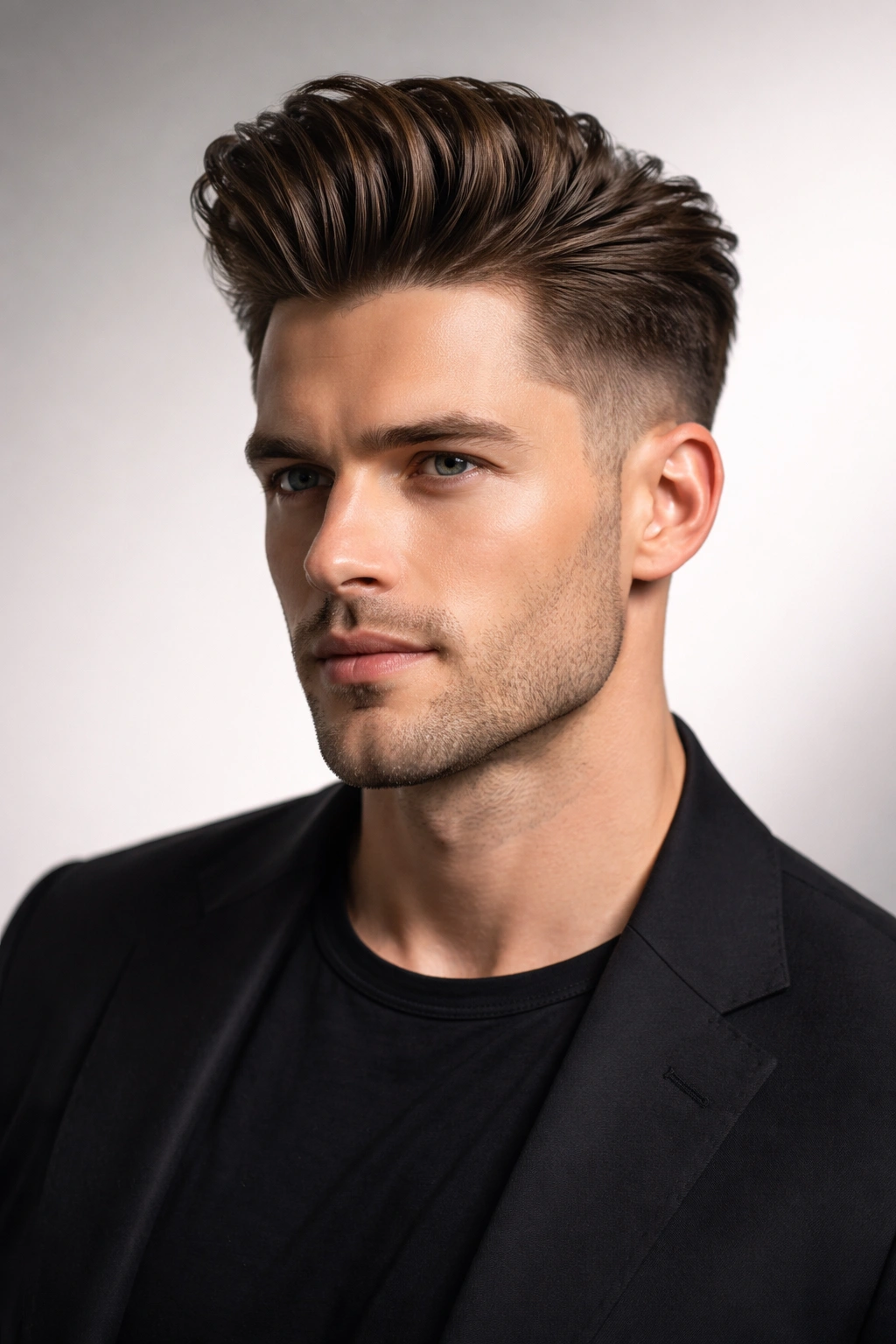 Portrait of a man with a modern pompadour and faded sides