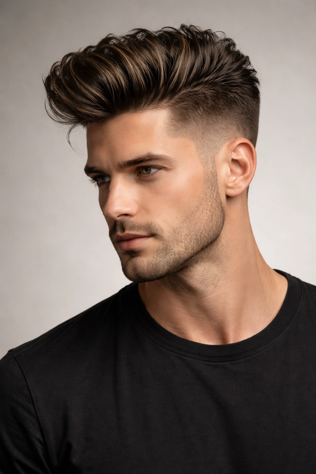 Modern pompadour hairstyle with textured top and fade on the sides