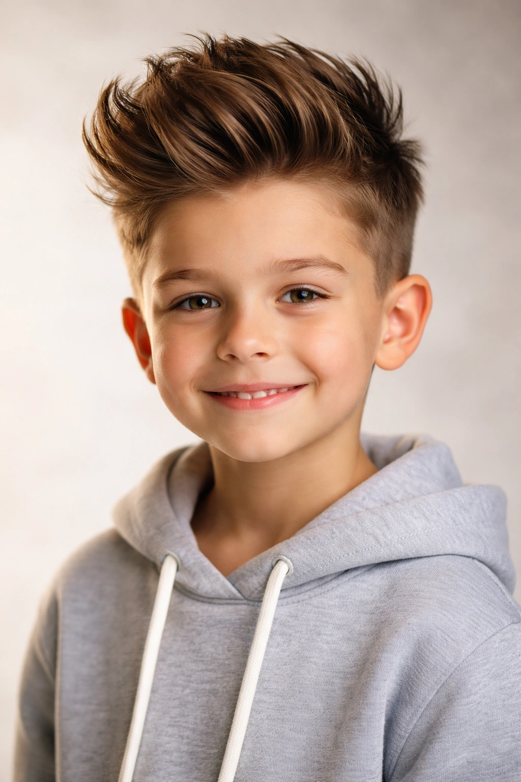 Boy with a modern quiff hairstyle featuring a high-volume top and short sides