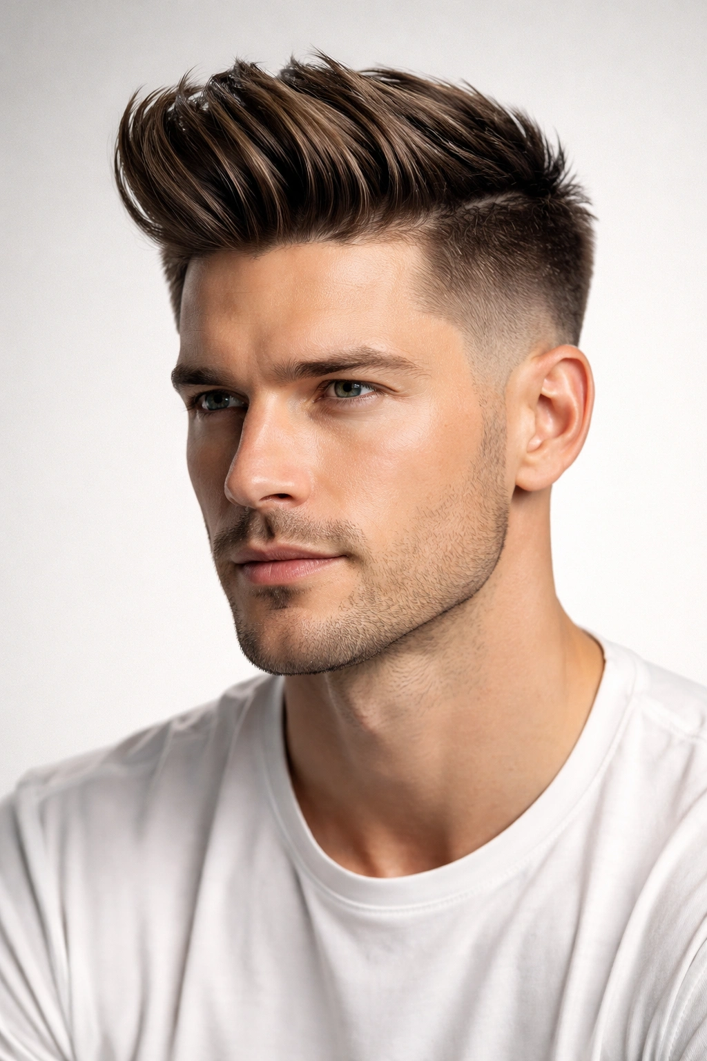 Portrait of a man with a modern quiff and mid-fade sides