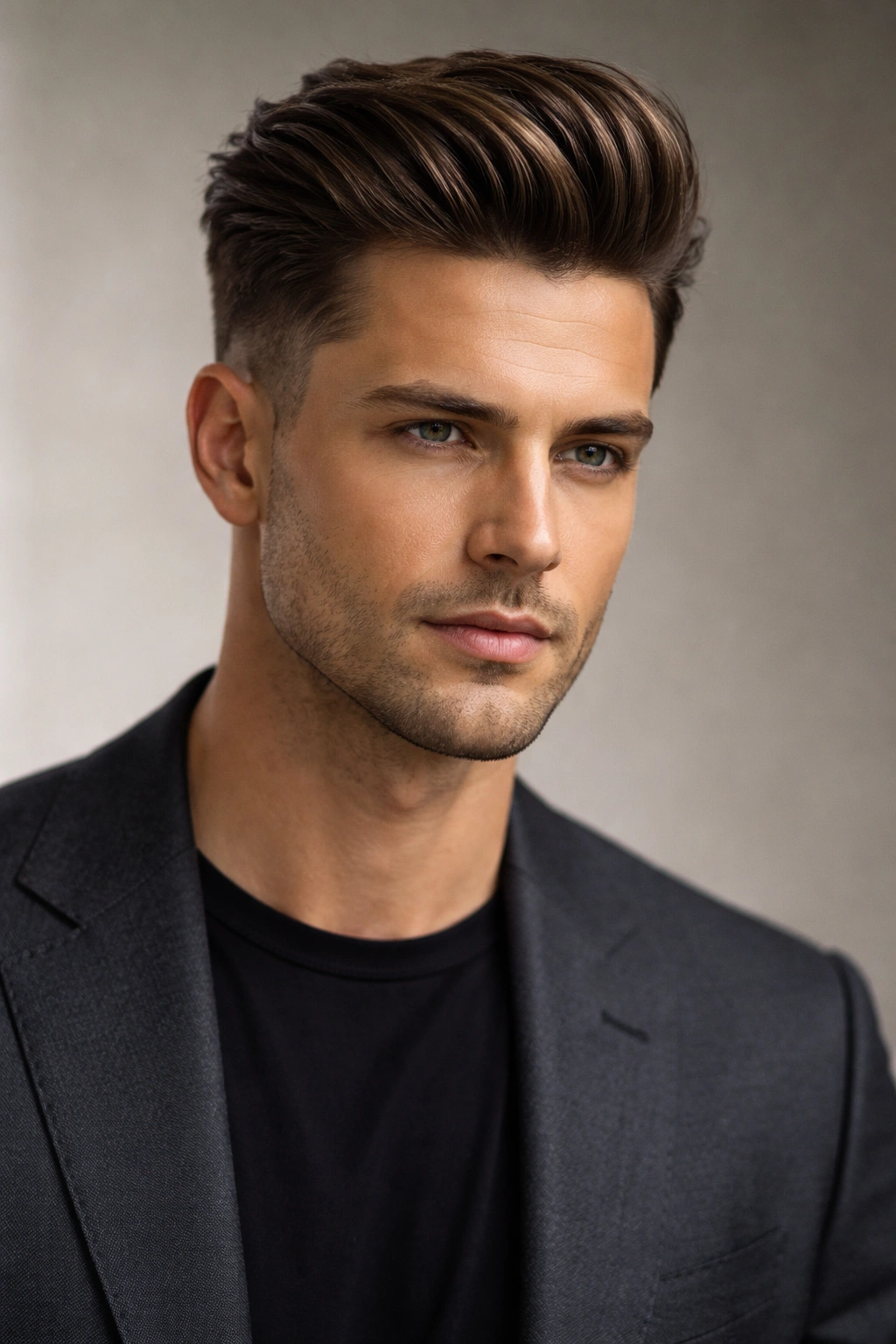 Portrait of a man with a modern quiff and sleek lines.