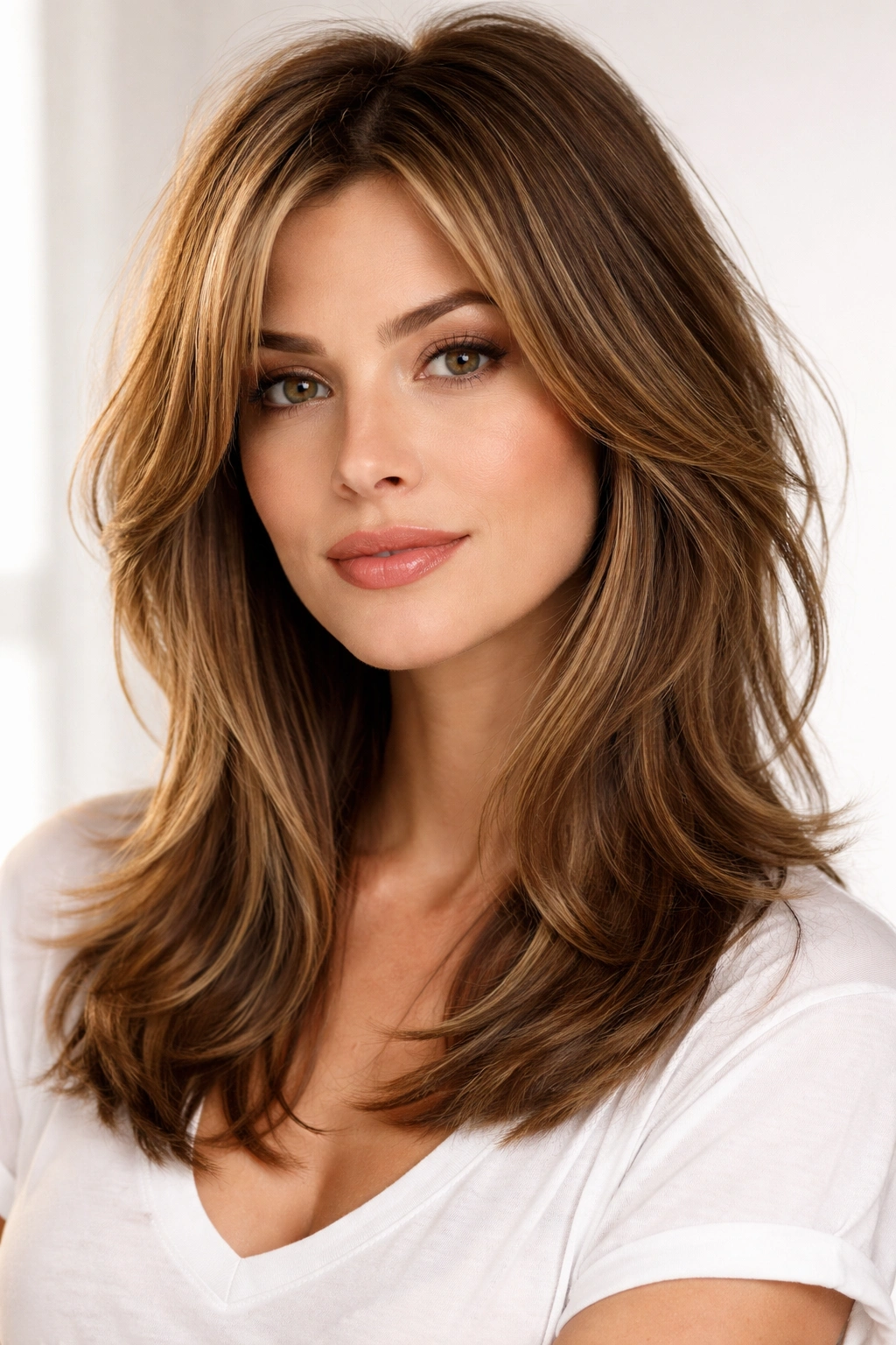 Shoulder-length hair with choppy face-framing layers and natural texture.
