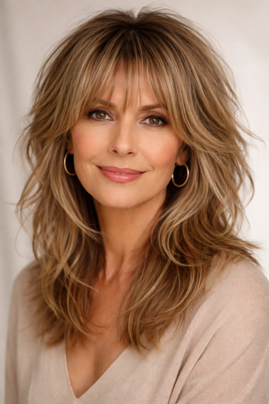 Portrait of person with modern shag hairstyle and wispy bangs.