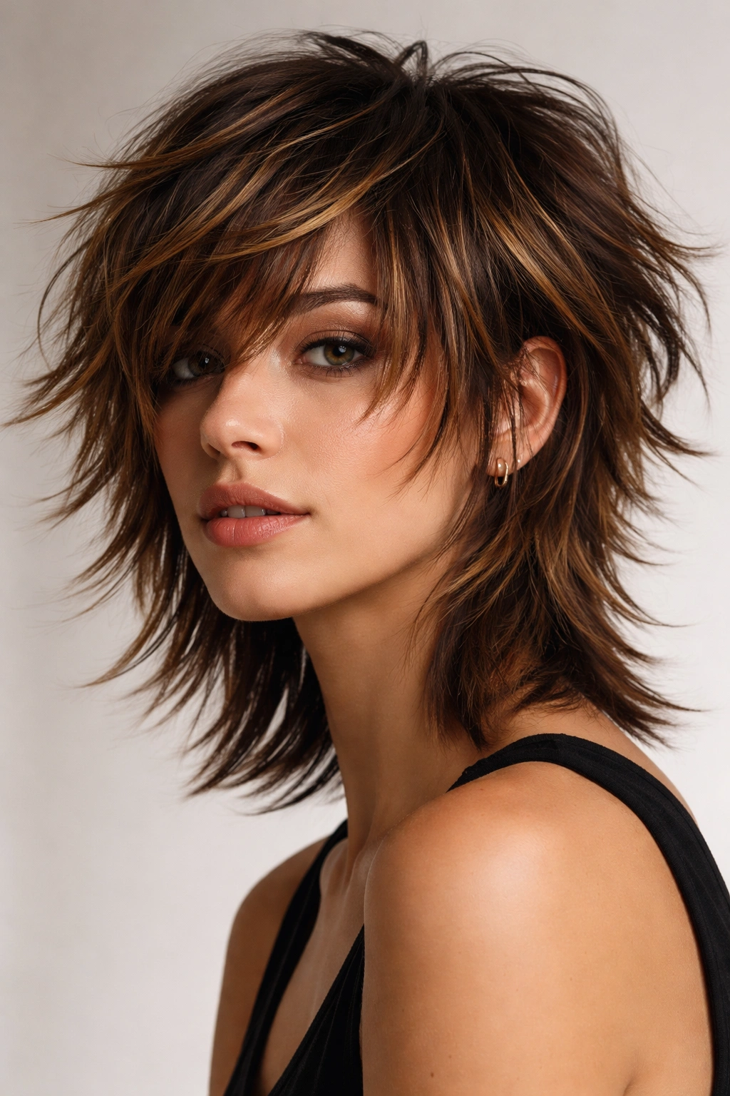 Close-up of modern shag hairstyle with caramel highlights showing movement