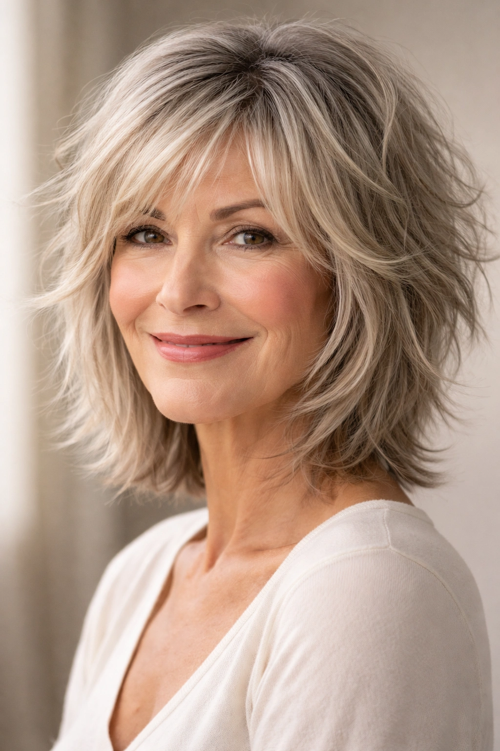 Medium close-up of a modern shag with choppy layers and textured styling