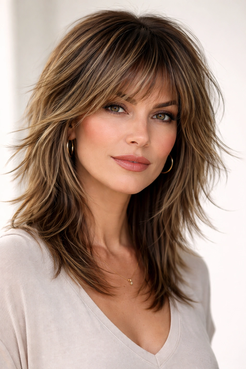 Modern shag hairstyle with choppy layers and texture.