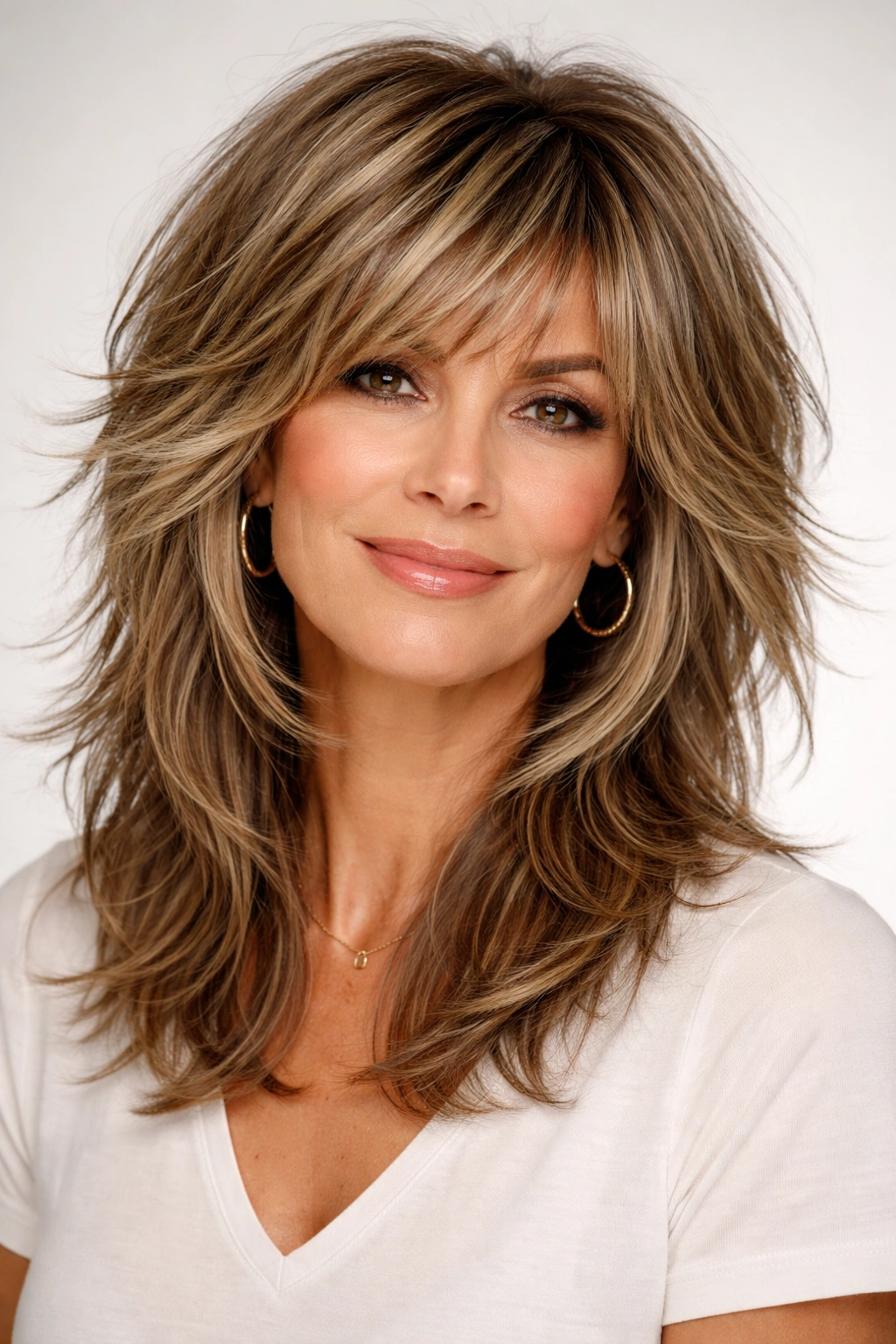 Thick-haired model wearing a modern shag with choppy layers showing texture