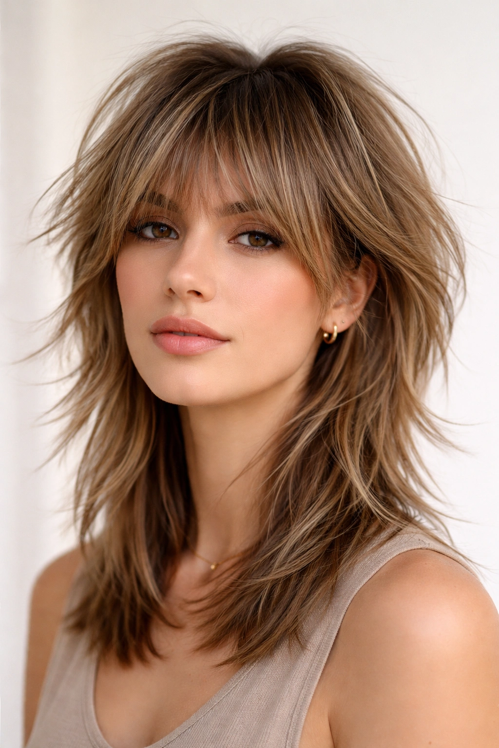 12 Short Haircuts With Long Layers That Flow Nicely 5 Model with modern shag and disconnected layers showing top short and bottom long pieces.