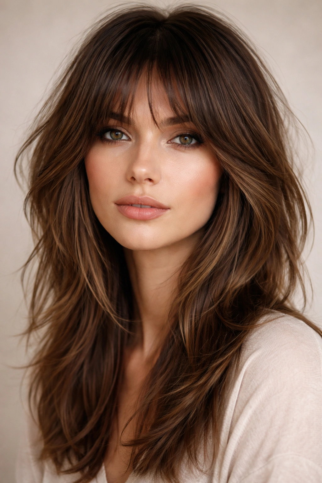 Close-up portrait of hair featuring a modern shag with emphasized face-framing pieces around the cheeks.