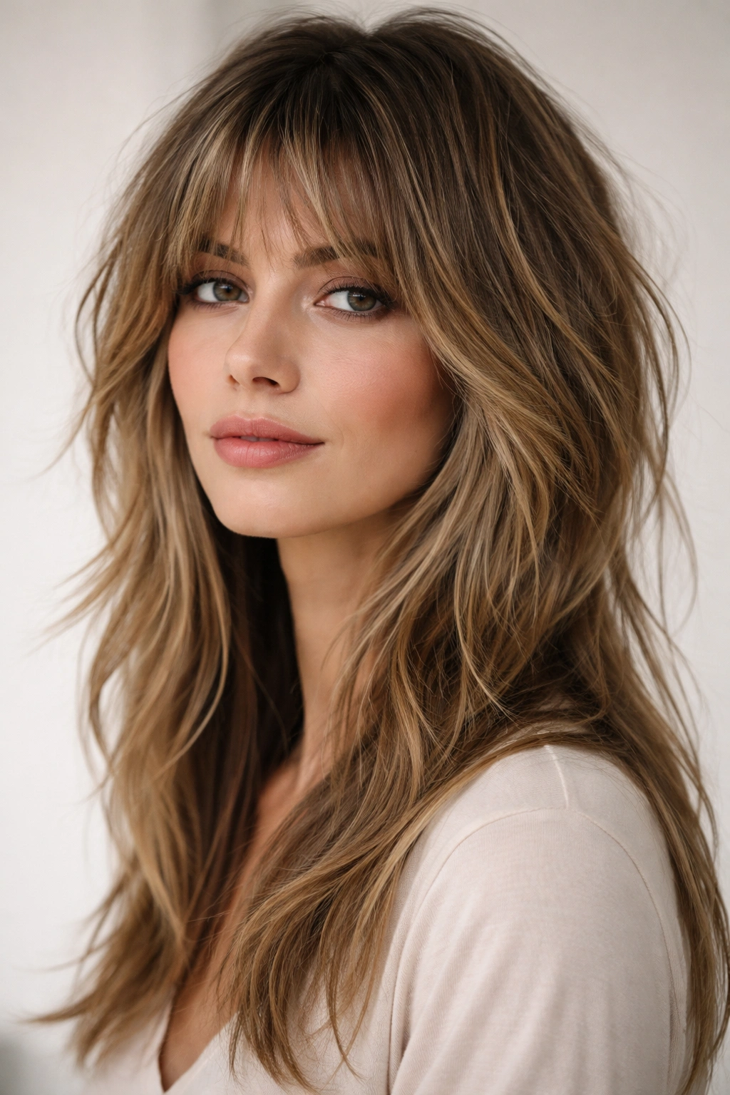 20 Long Face Haircuts Women Keep Requesting 20 Full head portrait of a modern shag with integrated fringe and choppy layers