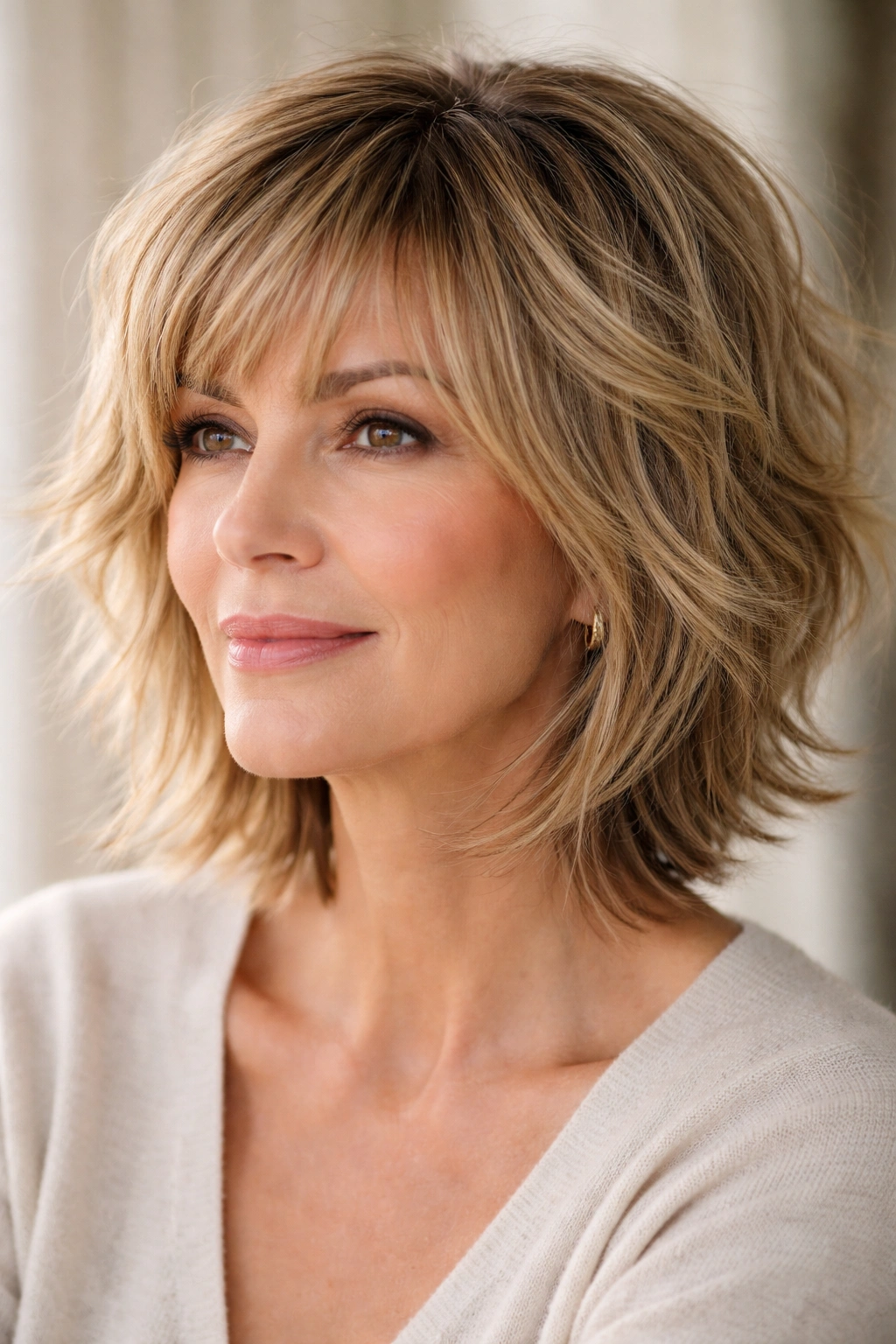 12 Chin Length Hairstyles For Women Over 50 2 Three-quarter view of a modern shag hairstyle with soft, choppy layers around chin length.