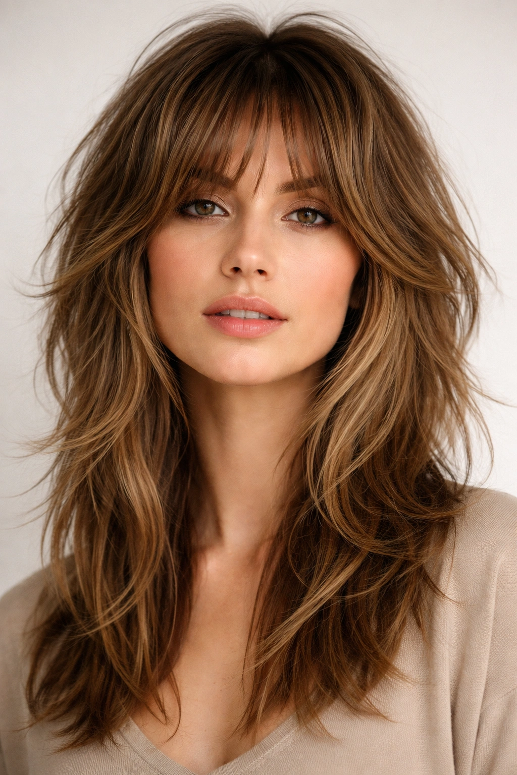 10 Medium Haircuts That Add Volume To Long Faces 2 Mannequin head styled in a modern shag with crown volume and cheekbone-face framing layers