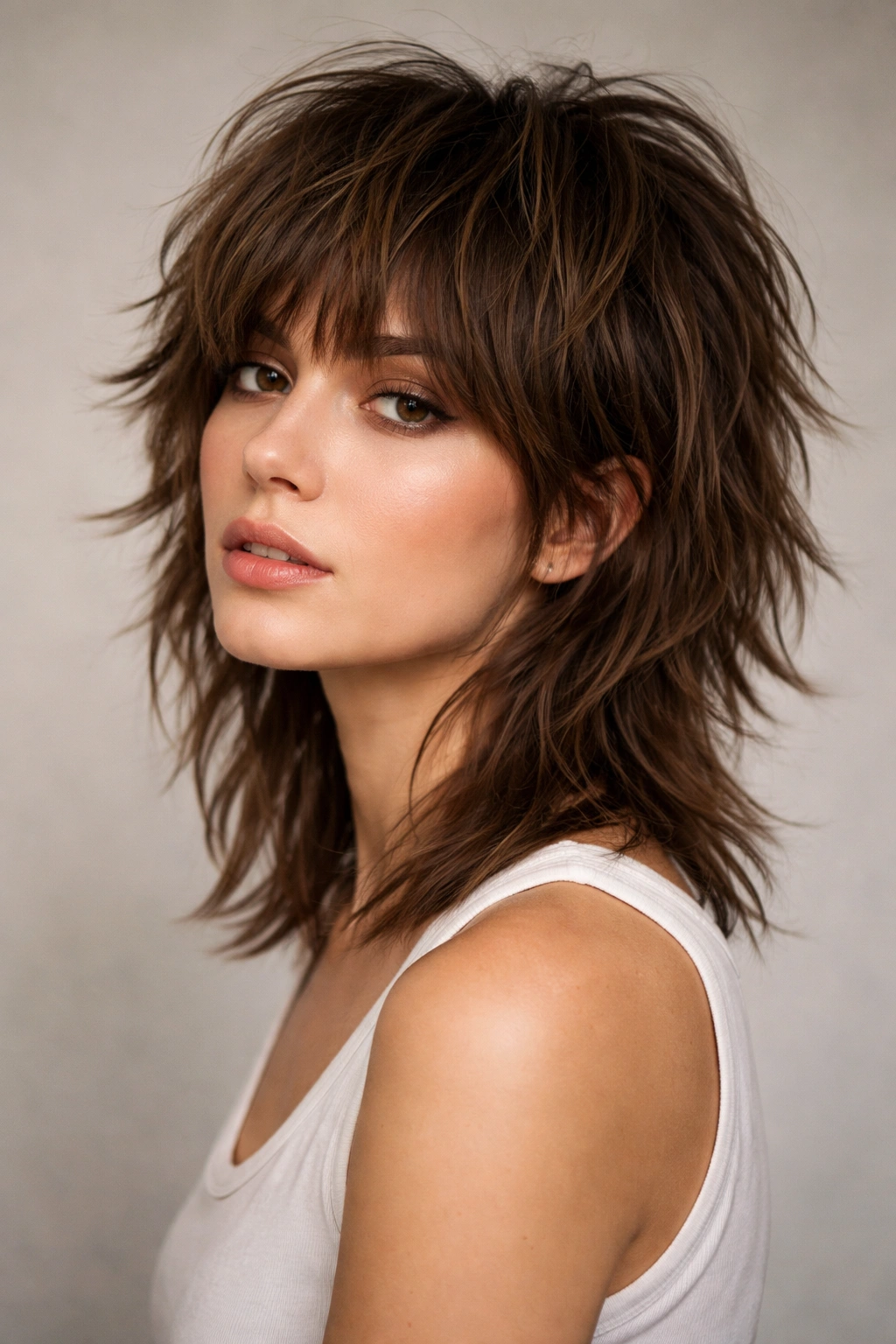 Three-quarter view of a person with a modern shag hairstyle showing movement