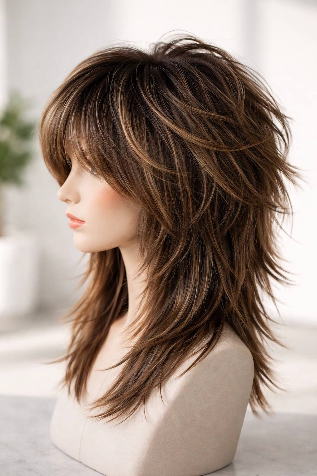 Mannequin head showing a modern shag with layered crown and textured ends