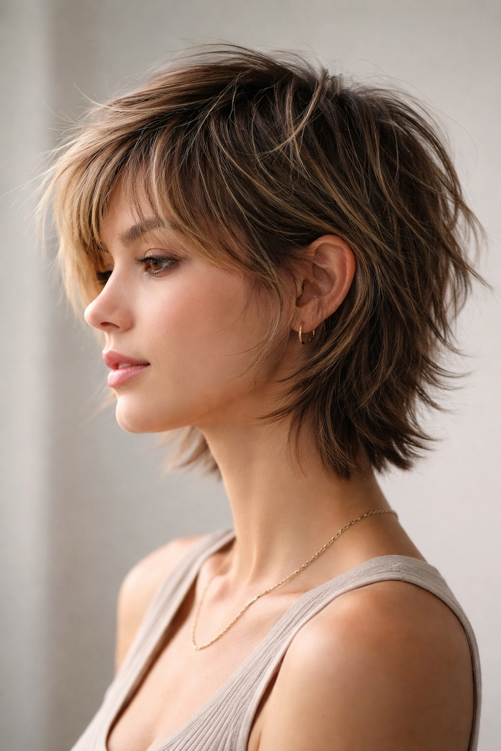 10 Short Haircuts That Grow Out Without Awkwardness 2 Side-profile portrait showing a modern shag with layered texture from ear length