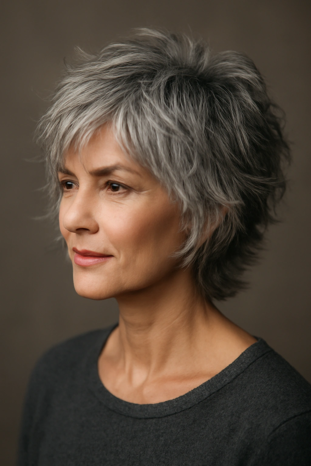 10 Short Haircuts for Women Embracing Their Gray Hair 3 Layered shag hairstyle with volume and gray hair texture