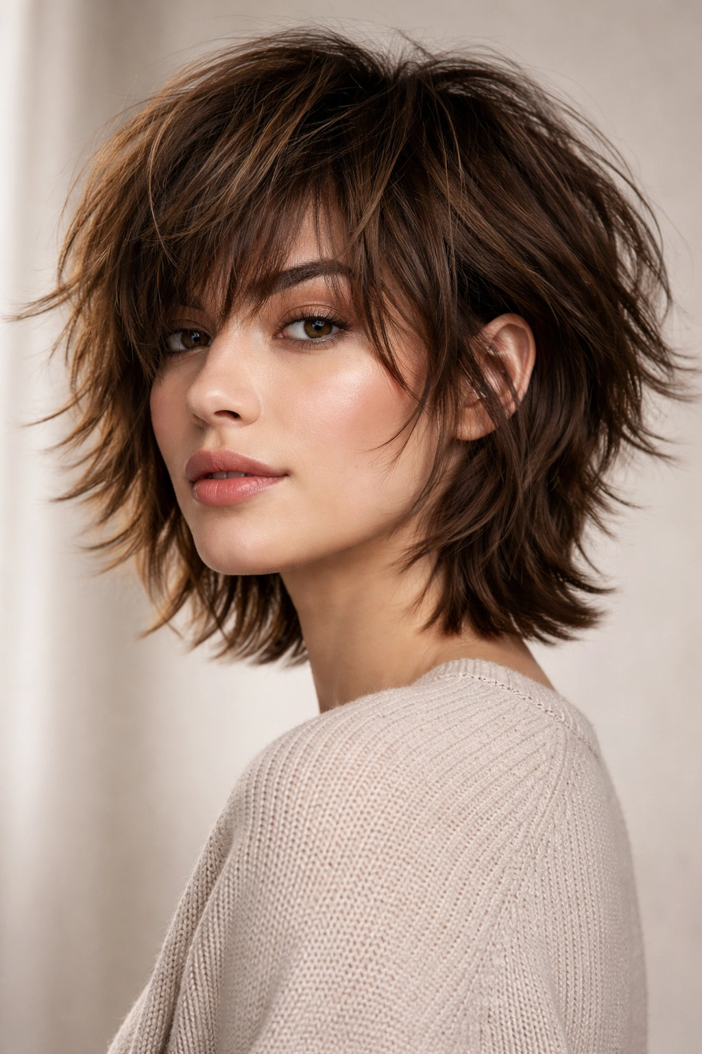 20 Really Short Haircuts Anyone Can Pull Off 2 Portrait of a person with a modern shag hairstyle with textured layers