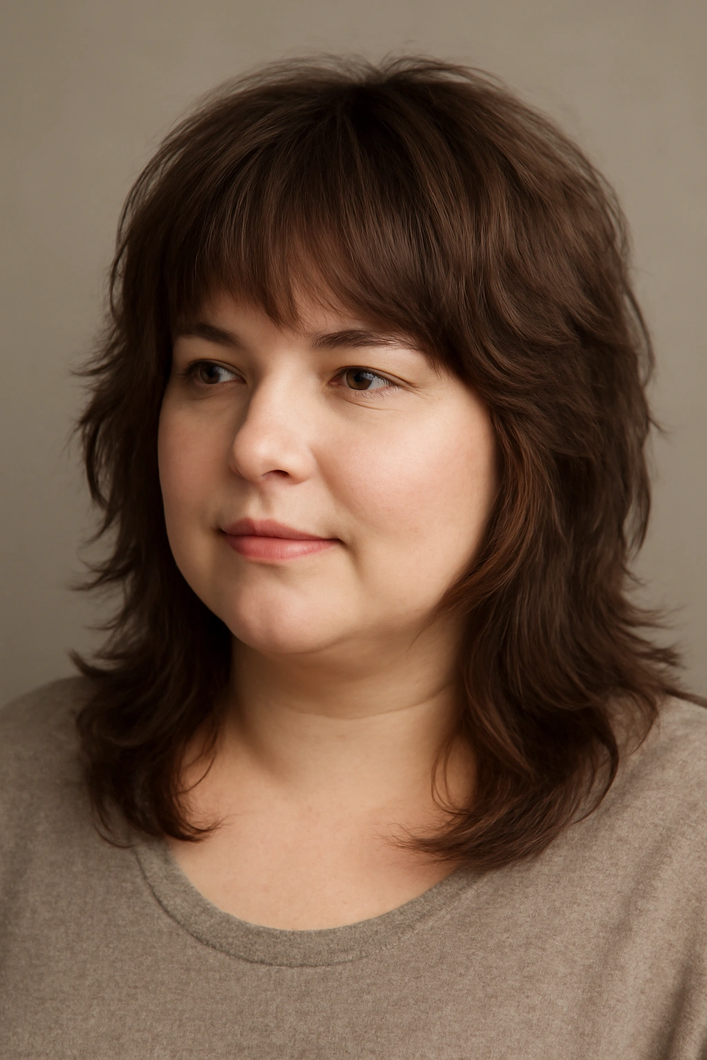 10 Flattering Mullet Haircuts for Plus Size Women 8 Close-up portrait of a plus-size woman showcasing The Modern Shag with Longer Layers hairstyle