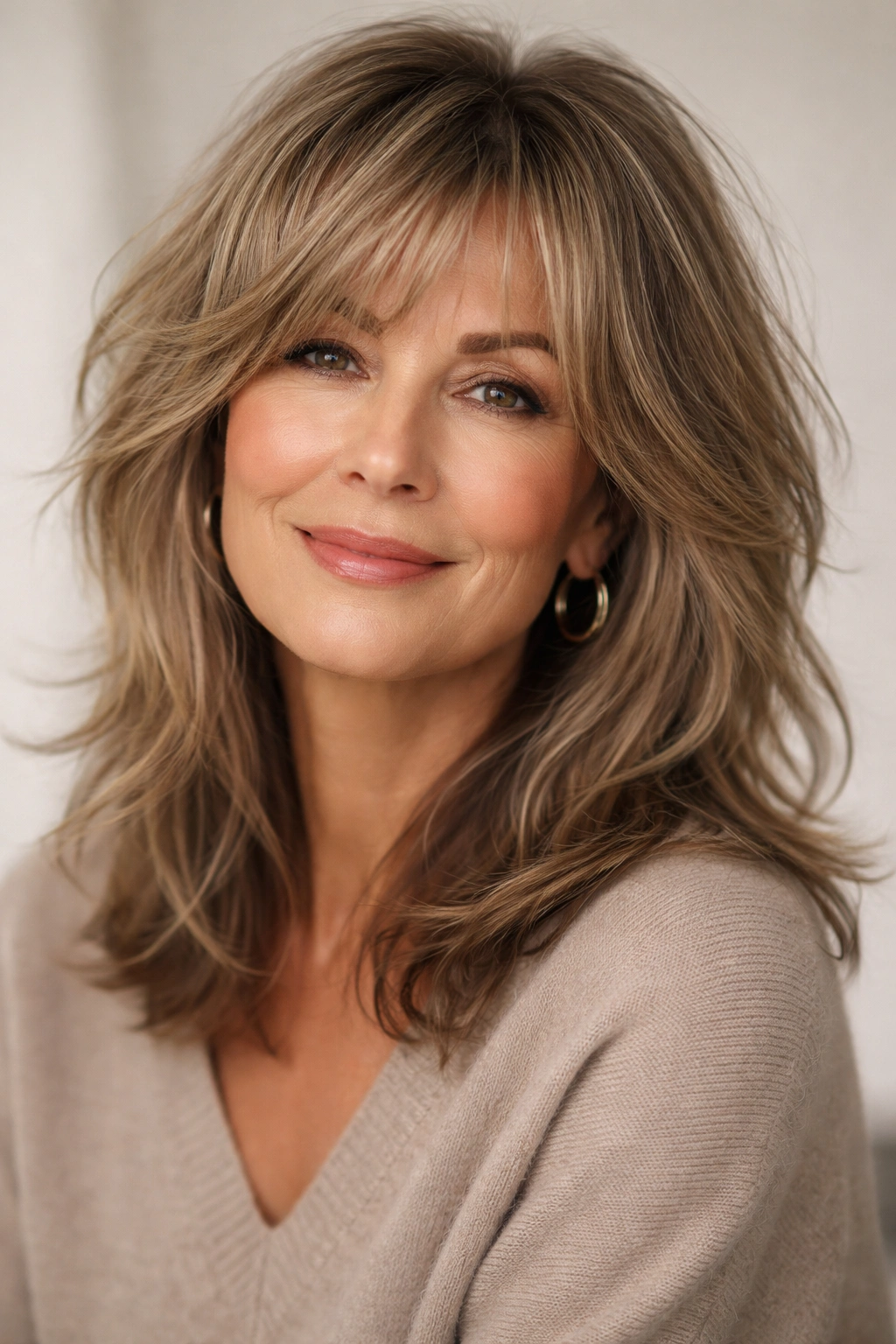 15 Youthful Haircuts That Flatter Older Women 2 Close-up of a mature woman with a modern shag showing blended layers and face-framing texture