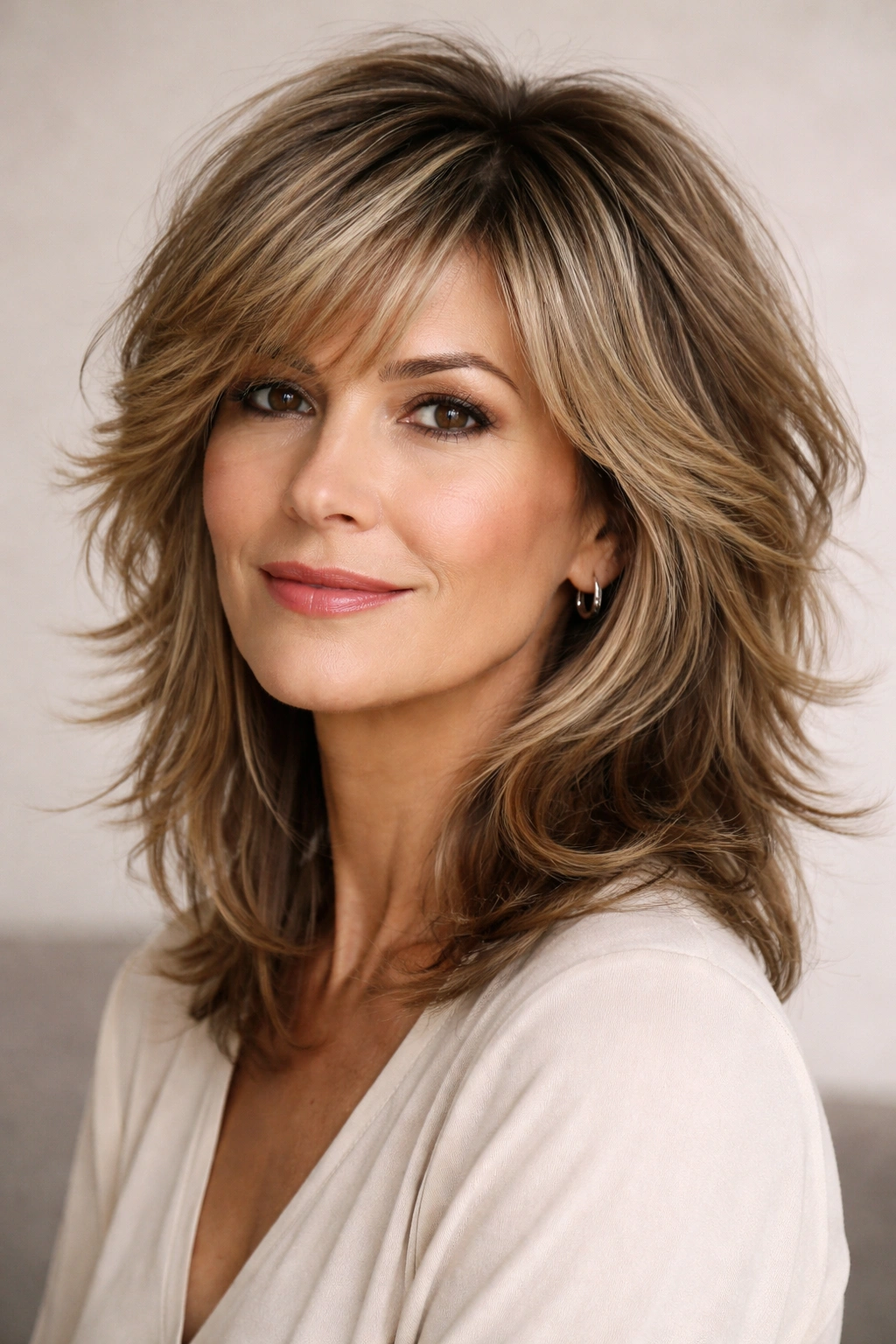 Close-up of a mature woman with a modern layered shag hairstyle