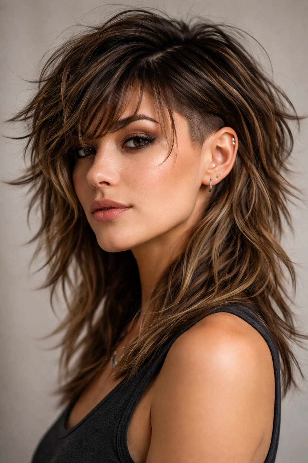 Portrait of modern shag with a subtle partial shave behind the ear