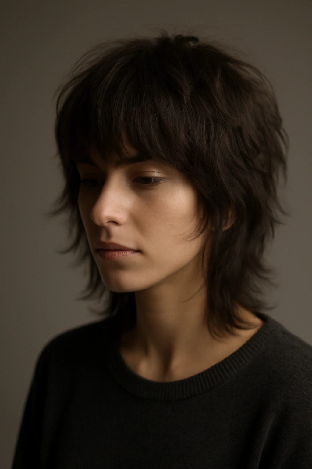 20 Shag Cuts That Instantly Upgrade Your Look 21 Contemplative portrait of a person with a modern shag haircut under soft moody lighting