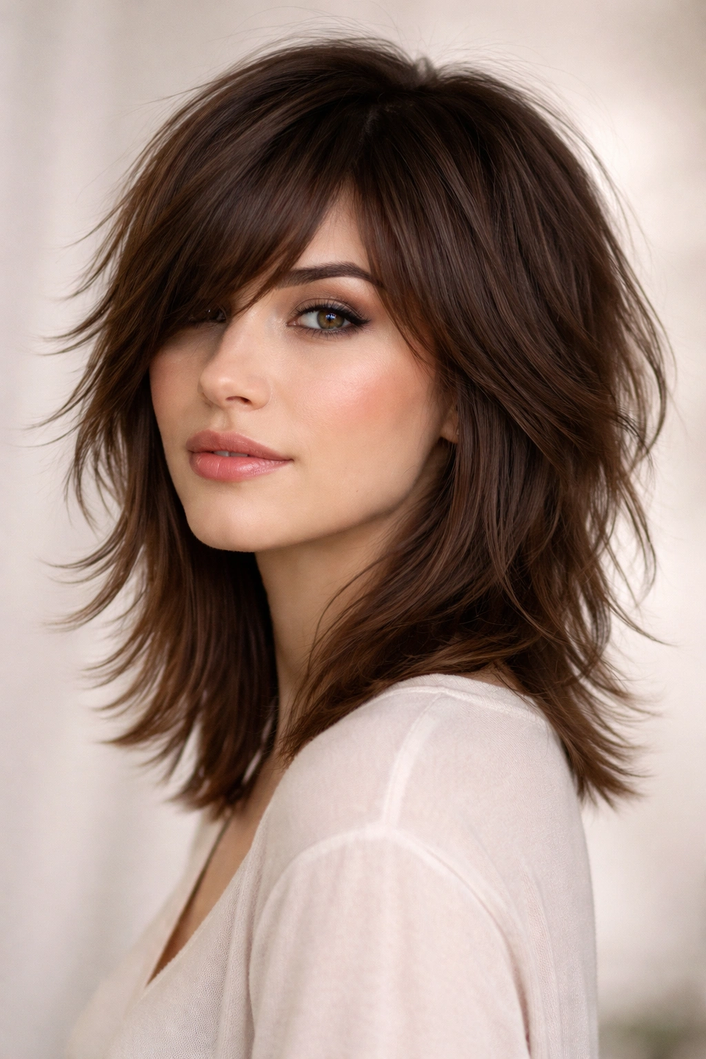 Person with modern shag and side-swept bangs in 3/4 view.