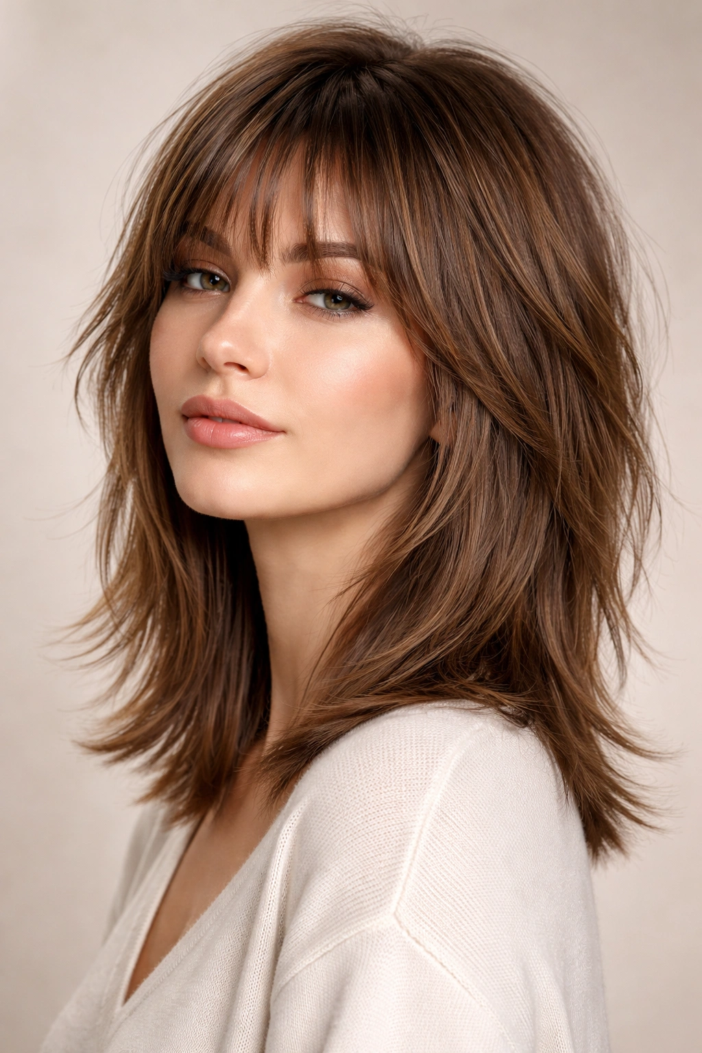 Close-up of a model with shoulder-length straight hair styled in a modern shag with choppy top layers.