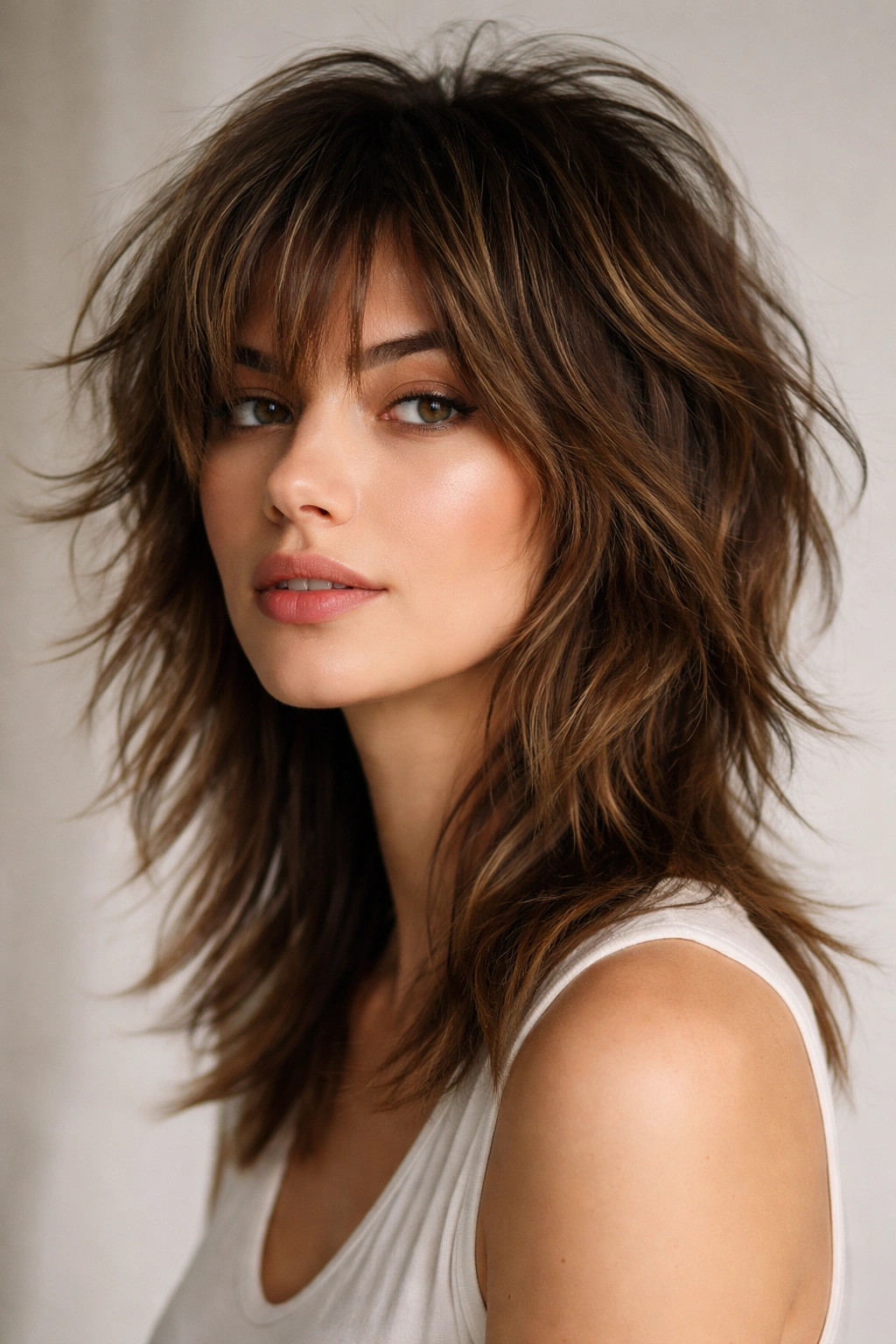 Close-up of a person with a modern shag haircut featuring choppy layers, feathered ends, and crown volume.
