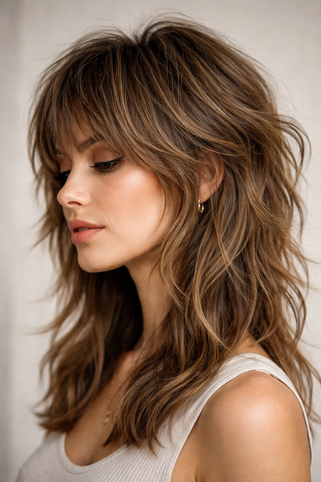 Close-up of a model with a modern shag haircut featuring textured layers and volume