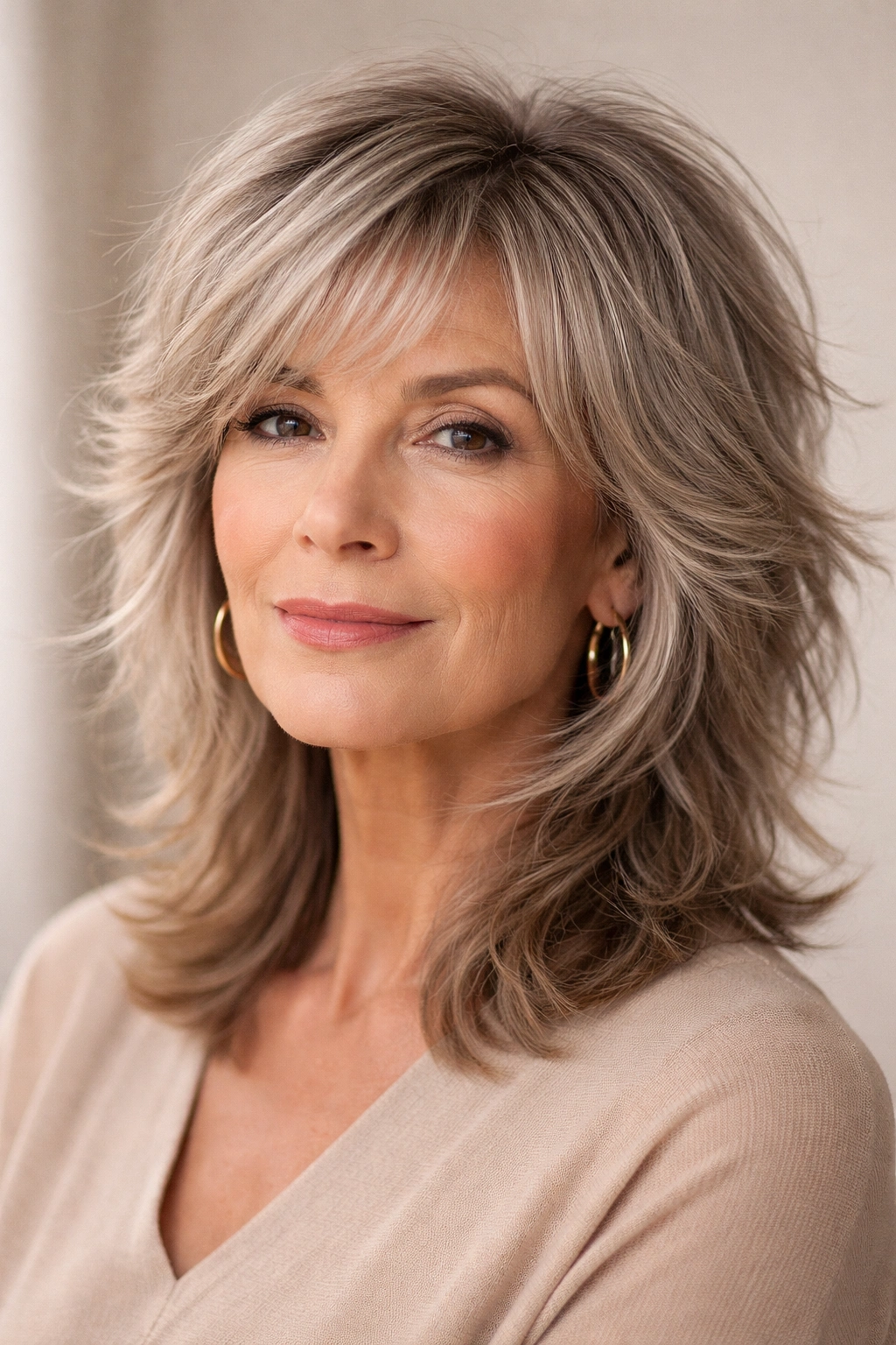 15 Gorgeous Hairstyles For Women Over 65 13 Close-up portrait of a mature woman with a modern shag haircut showing textured layers.