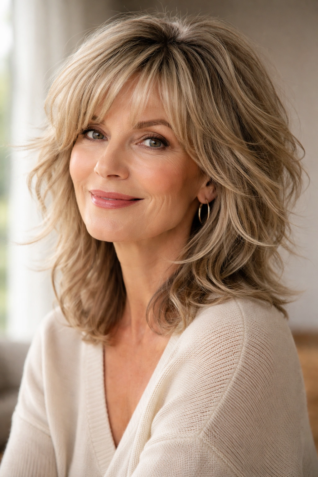 15 Youthful Haircuts That Flatter Older Women 10 Medium shot of a woman with modern shag and subtle waves