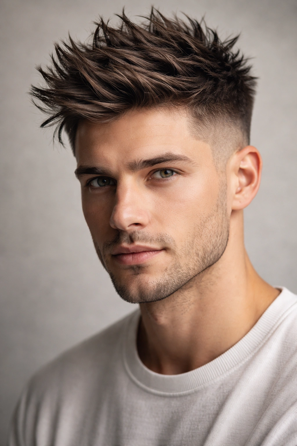 Close-up portrait of modern spiky hair with natural texture and matte finish, high fade sides