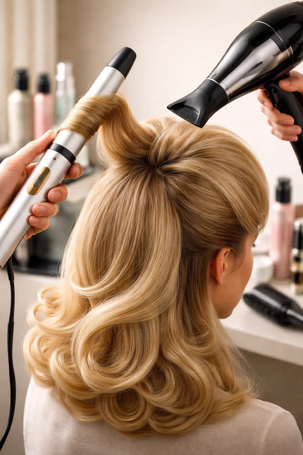 Hands styling hair with modern tools to recreate 1960s looks.