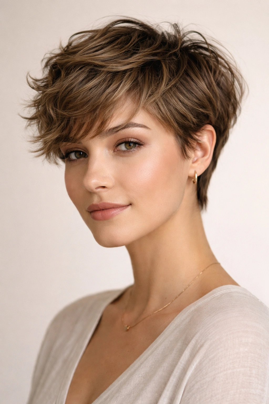 Modern textured pixie with defined, choppy waves and short silhouette.