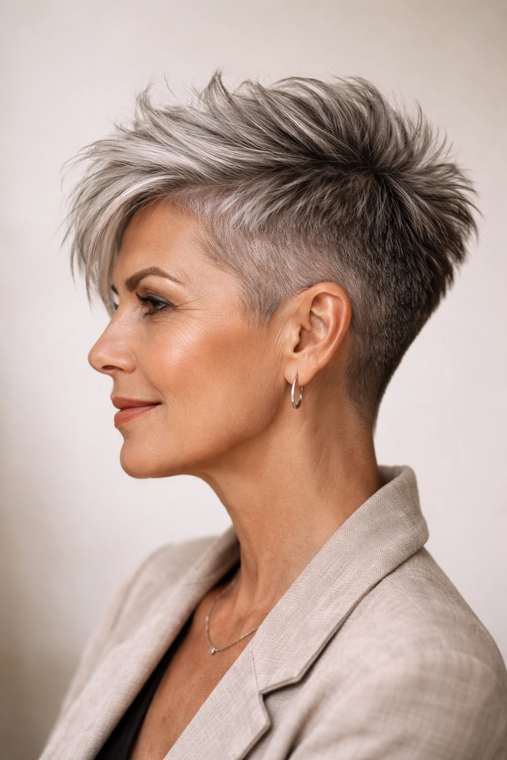10 Short Spiky Hairstyles For Women Over 50 5 Profile of a mature woman with a modern undercut and longer textured top.