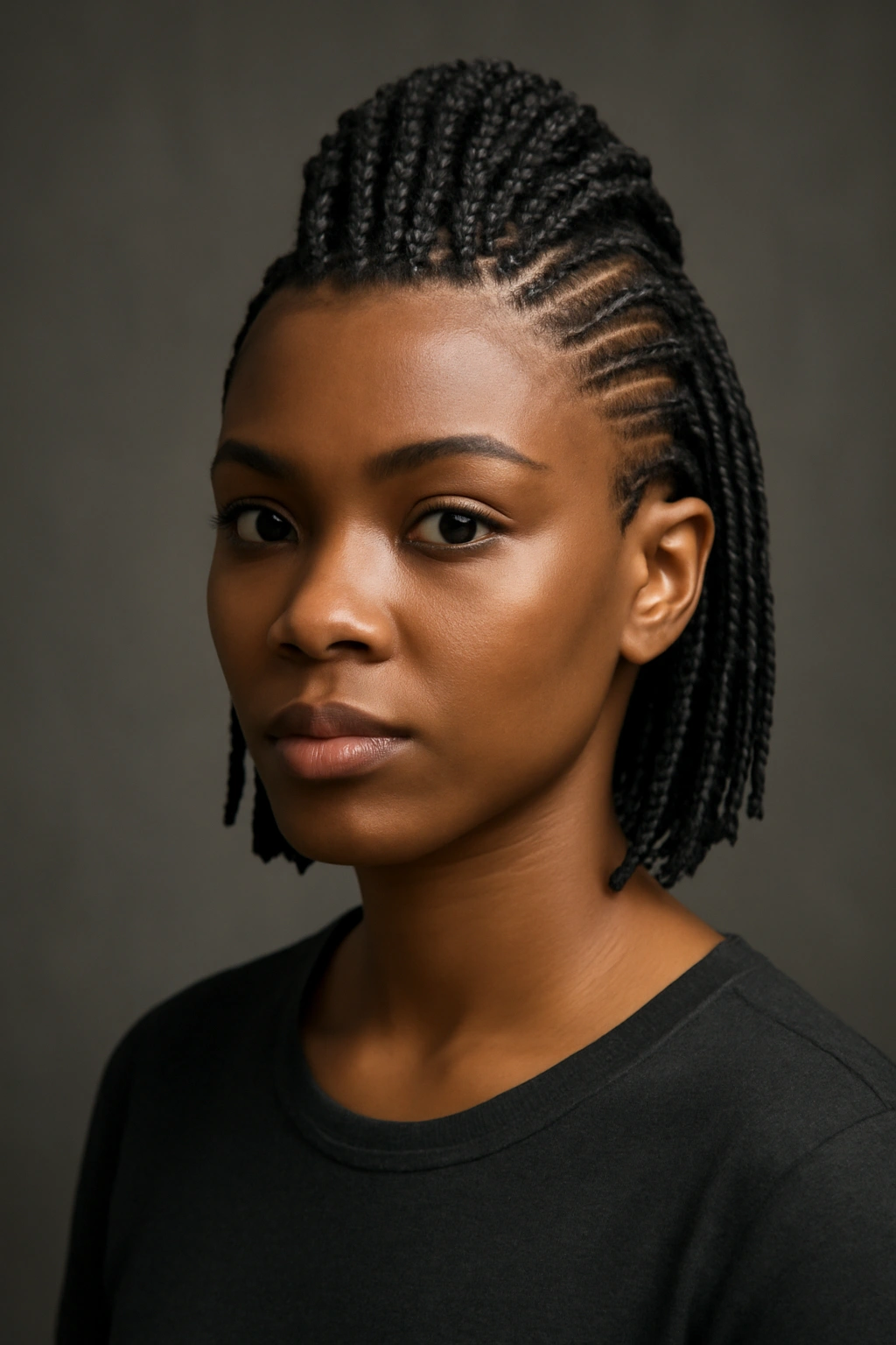 Box braids arranged into a centered mohawk with smooth sides