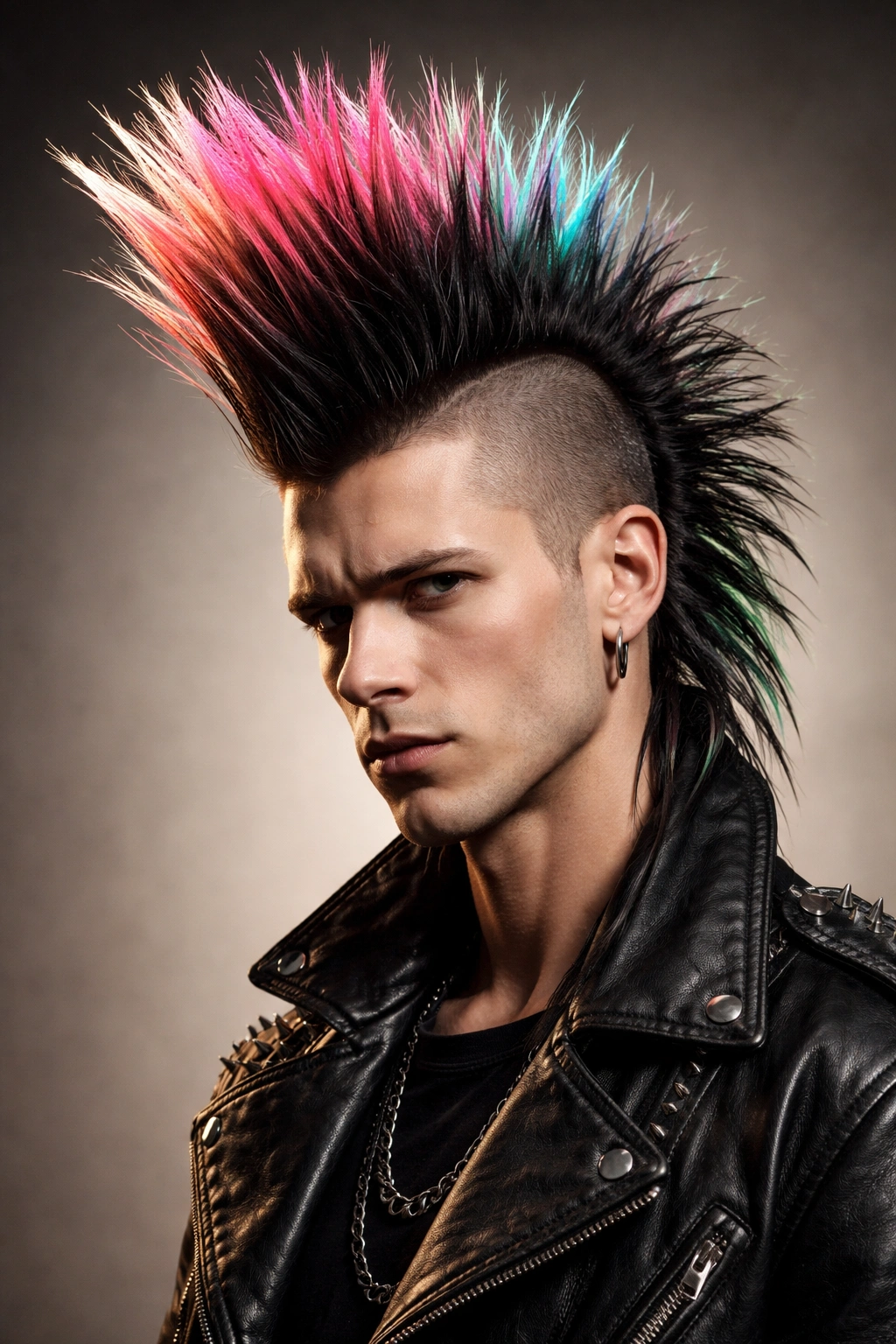 Close-up of Mohawk hairstyle with shaved sides and tall central crest