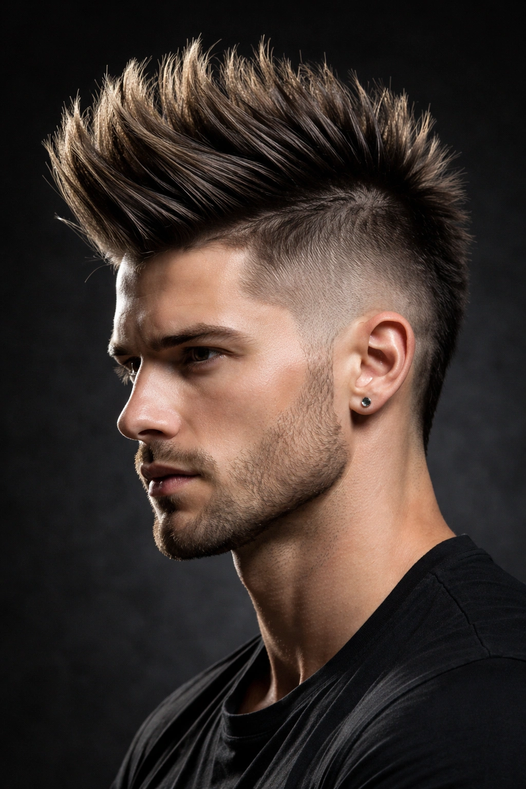Profile view of bold mohawk with shaved sides and center strip