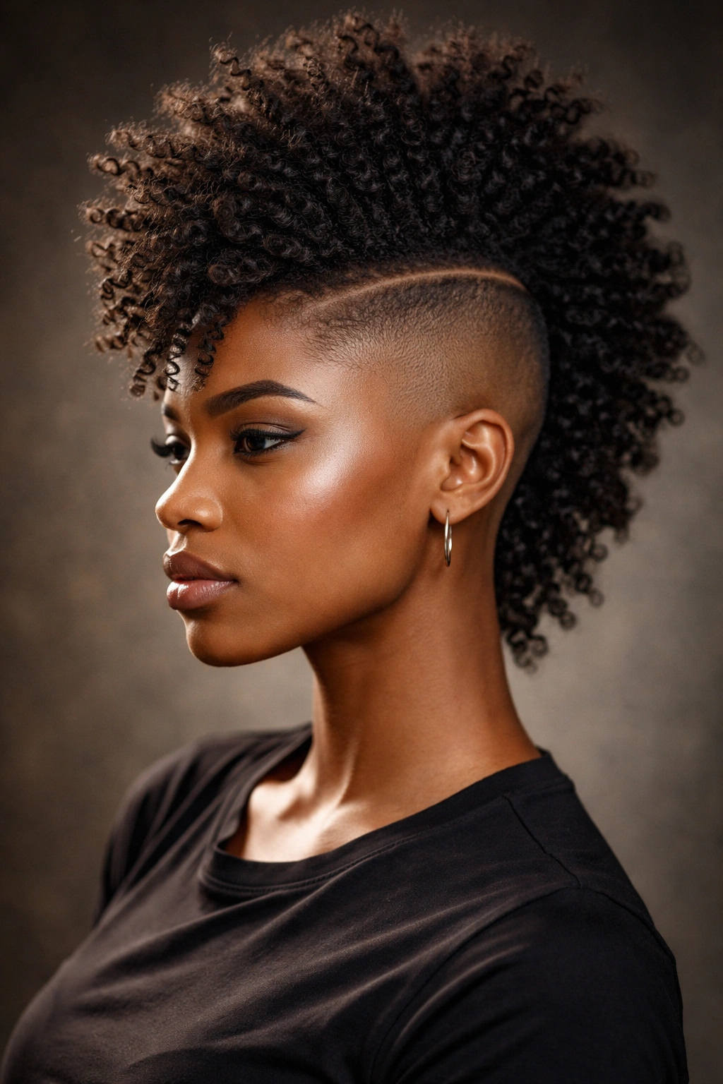 Portrait of a mohawk hairstyle with shaved sides and long center stripe on natural curls