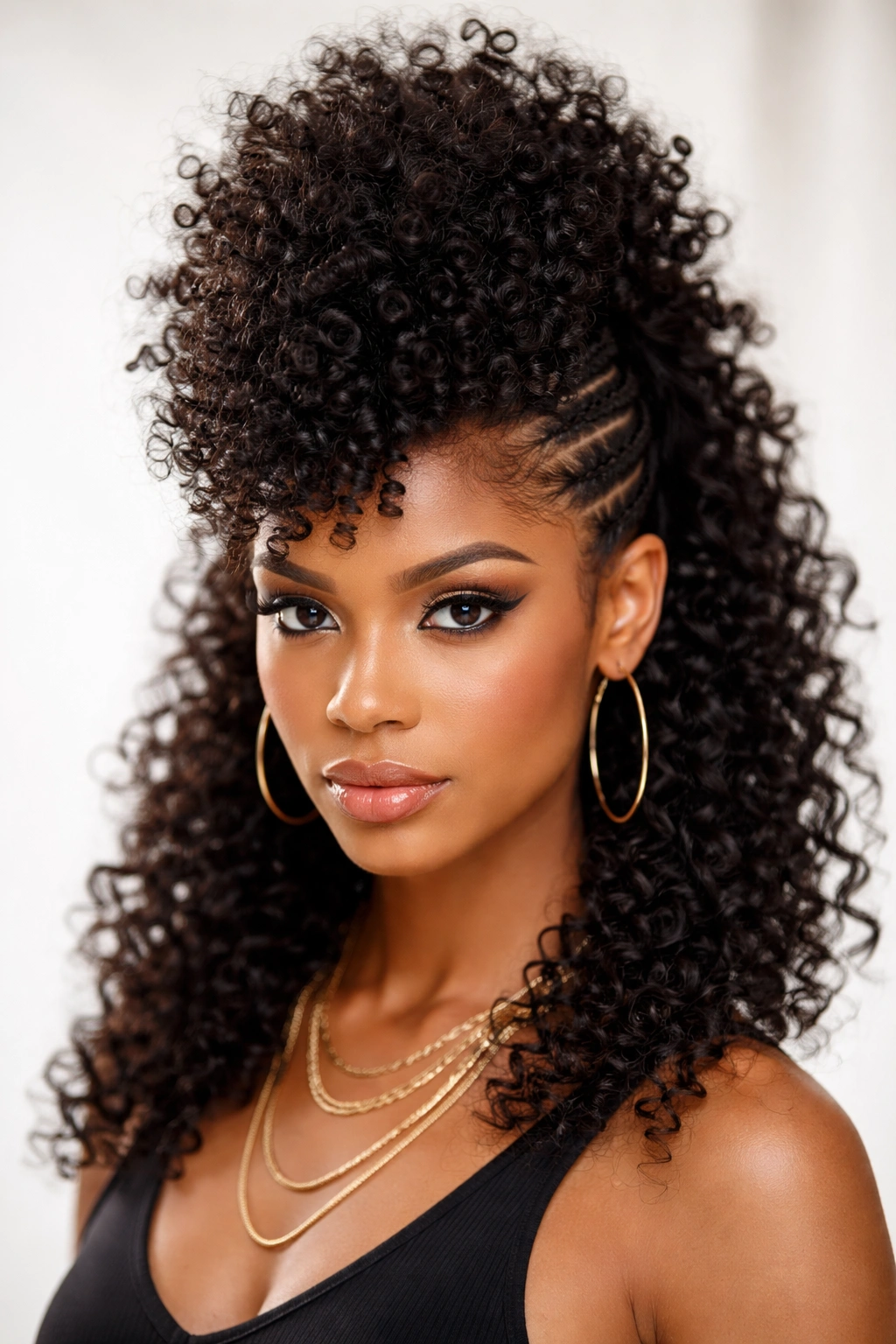 Center mohawk with side curls braided back for contrast