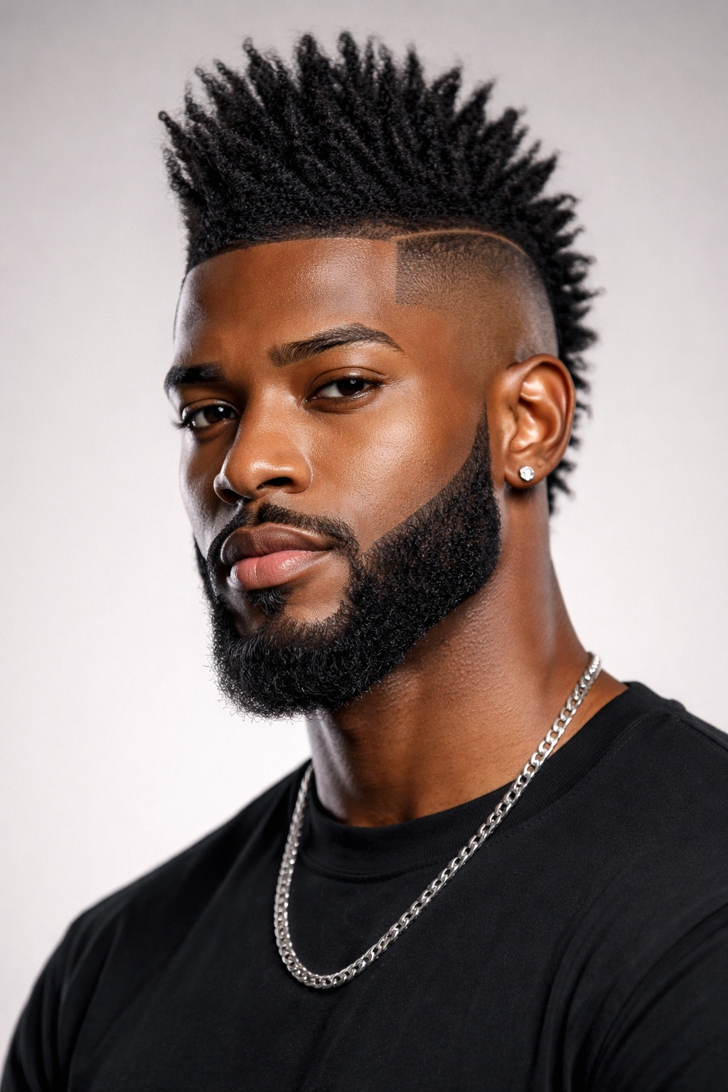 Black man with mohawk fade and well-groomed beard pairing