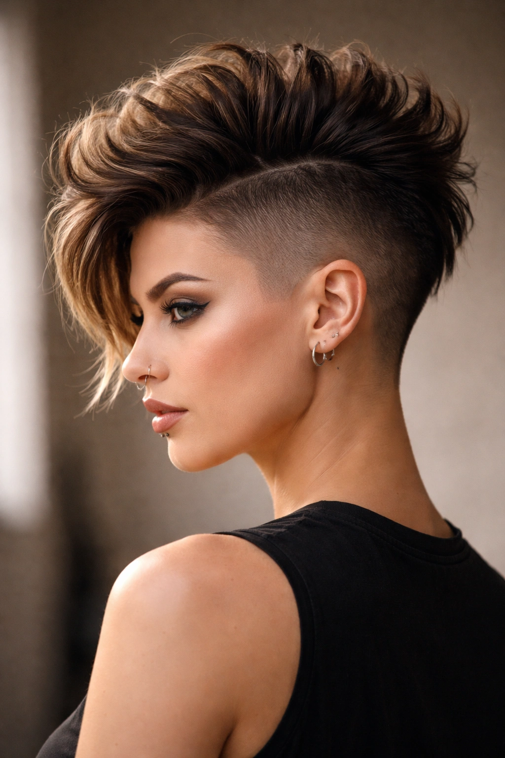 12 Short Haircuts With Shaved Sides For Bold Women 5 Portrait of a woman with a Mohawk fade and textured crown showing a long central strip