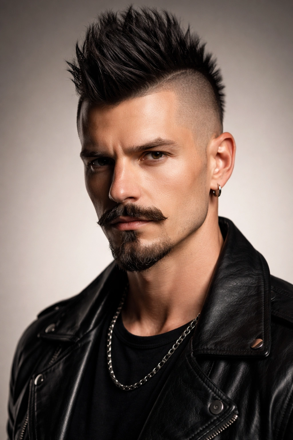 Portrait of a person with a mohawk fade, disconnected goatee, and mustache in a studio.