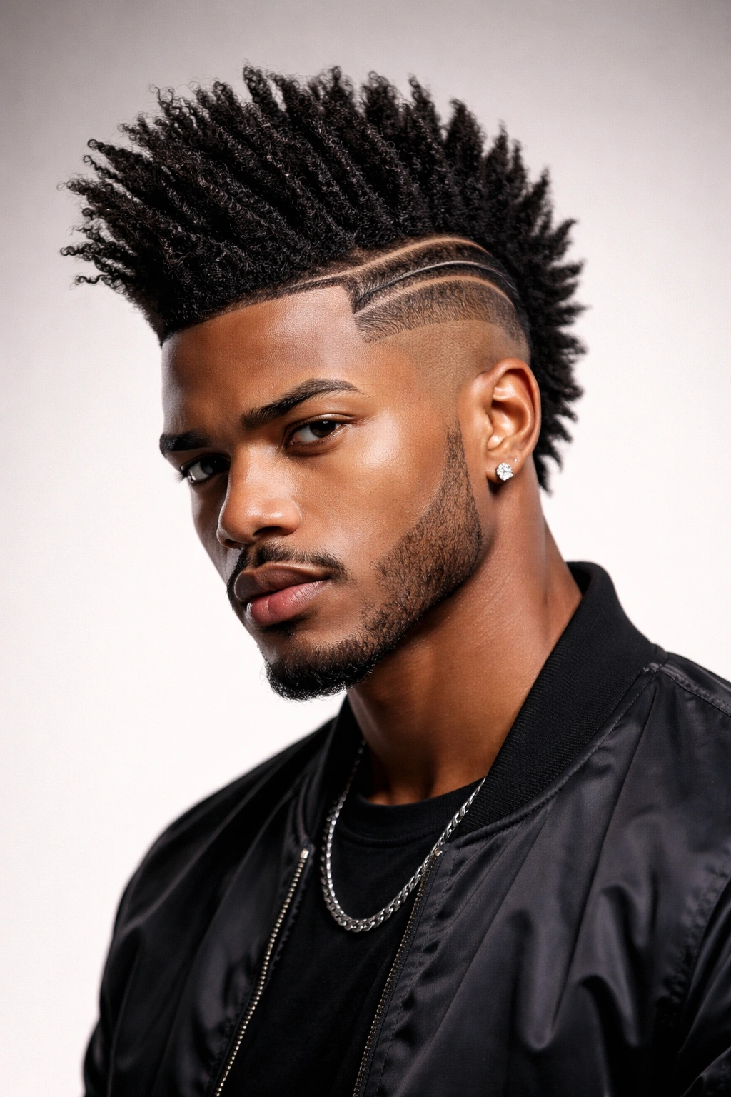 Mohawk Fade with long center strip styled up