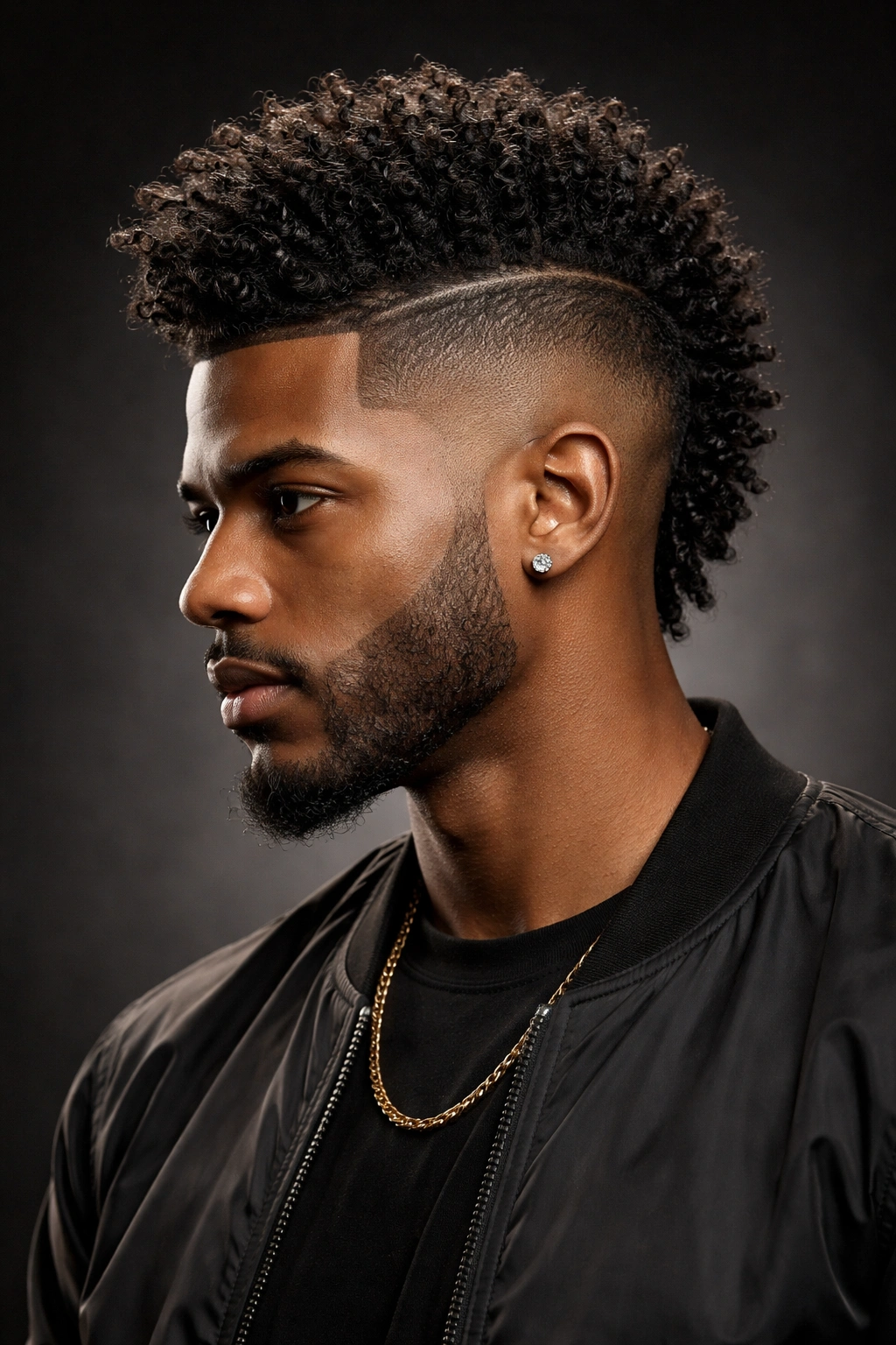 Portrait of a Black man with a bold mohawk fade and curved burst fade