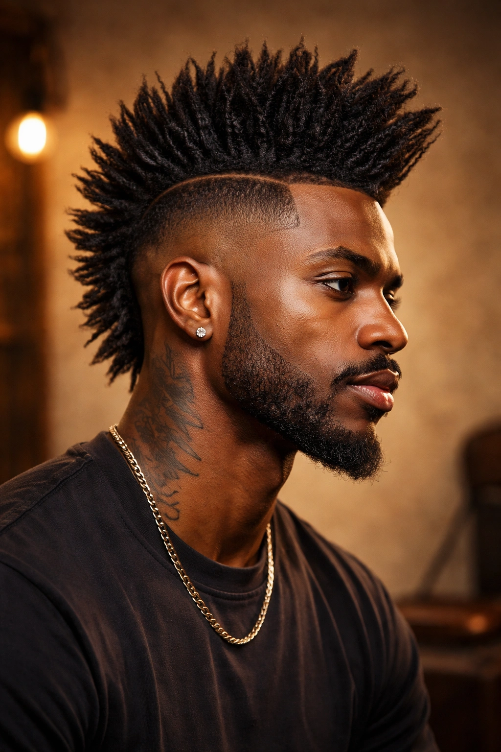 Black man with a high top fade inspired mohawk fade reflecting history and culture
