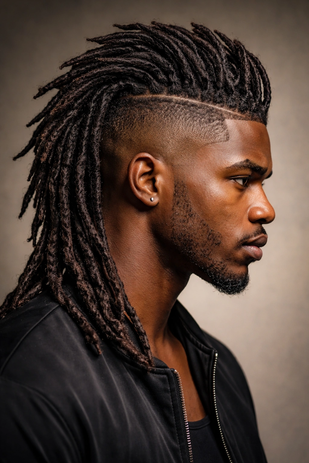 Profile view of Mohawk locs with center strip and faded sides